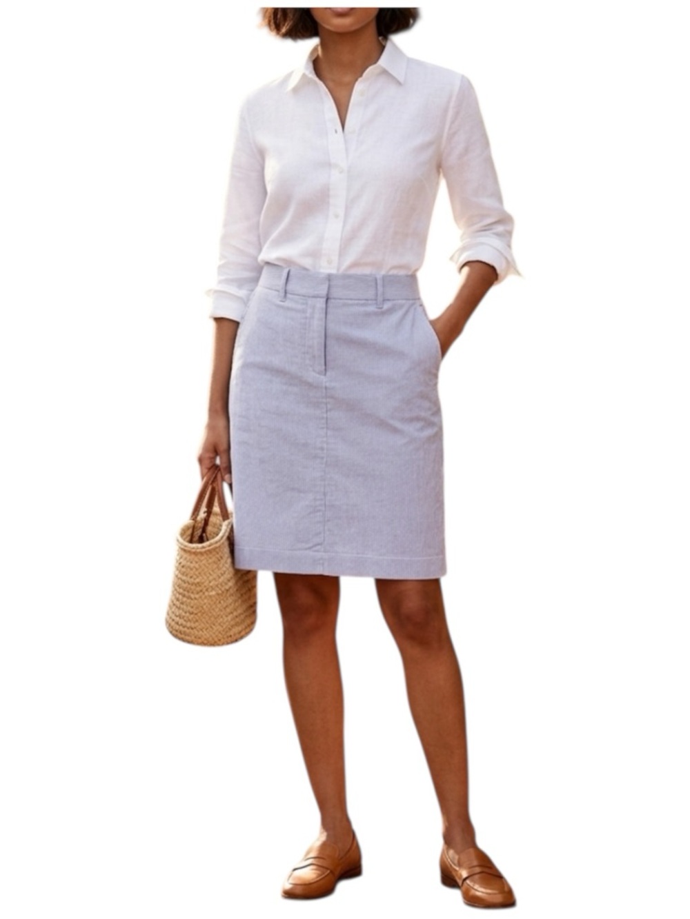 LL Bean Women's 12 Blue White Striped
Seersucker Cotton Stretch Skirt Pockets